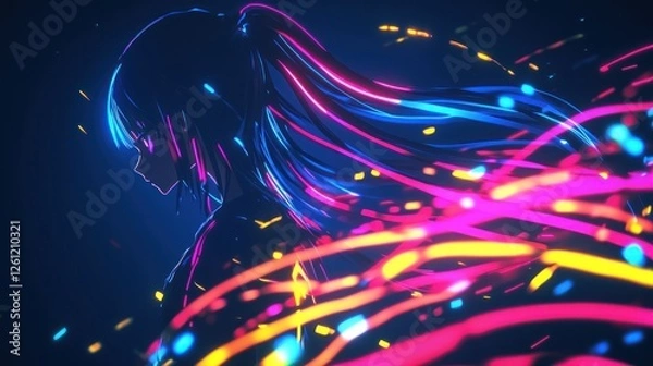 Obraz Neon girl, colorful trails, dark background, anime style, digital art