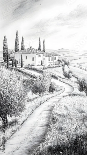 Fototapeta Black and white drawing of the landscape of Tuscany