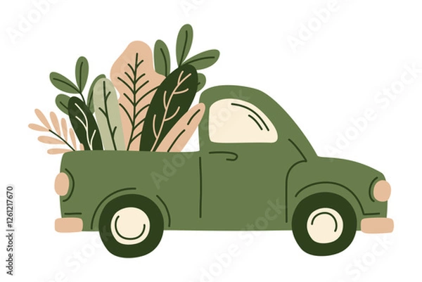 Fototapeta Retro farm pickup truck with fresh grocery products from farmer market or supermarket . Organic fresh vegetables in the car for eco-friendly design of food delivery, Vector illustration in flat style.
