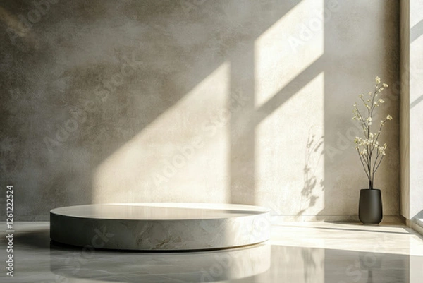 Fototapeta Minimalist scene with a round marble podium, sunlit wall, and delicate flowers in a black vase.