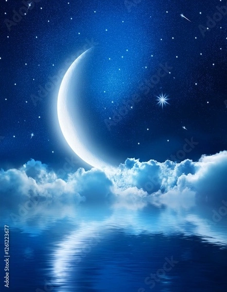 Fototapeta A breathtaking night sky featuring a glowing crescent moon and soft clouds, radiating peace and tranquility. The deep blue hues and stars create a dreamy atmosphere, symbolizing deep sleep and relax