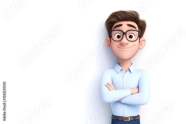 Fototapeta Office worker man wearing glasses is smiling with folded arms on a white background. Funny cartoon character in 3d style design