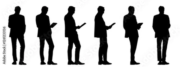 Fototapeta Vector concept conceptual black silhouette of a businessman holding a book from different perspectives isolated on white background. A metaphor for success, business, confidence, leadership and vision