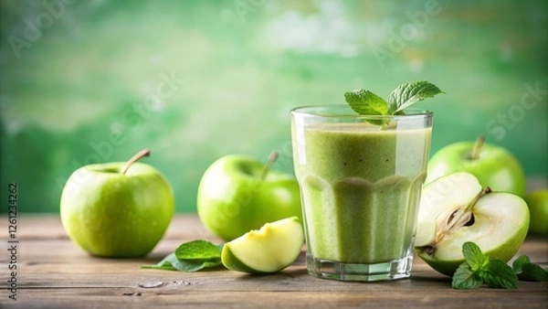 Fototapeta green apple smoothie with mint and ice cubes on light green background. Clean design with ample space for minimalist text, ideal for fresh, vibrant food content