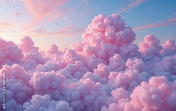 Fototapeta Abstract 3d candy fluffy texture with gradient cotton candy clouds in the sky. Fantasy pink cloud in sky pastel background. Fairy Paradise realistic soft cloudy sunset landscape. 