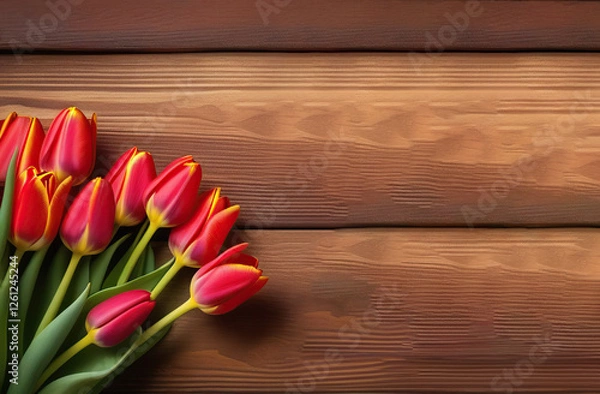 Fototapeta Bouquet of red-yellow tulips isolated on wooden background. Space for text. Banner