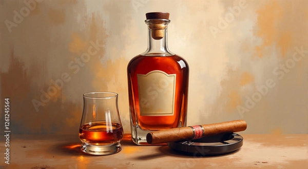 Fototapeta Elegant presentation of whiskey bottle, glass, and cigar on a rustic table. The warm-toned background enhances the refined atmosphere.