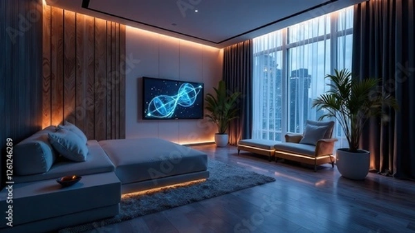 Obraz Futuristic ai smart home concept with wireframe hologram design