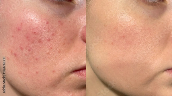 Obraz Before and After Skin Transformation: Close-Up Macro Shot of Acne-Prone Face to Clear, Radiant, and Beautiful Skin – Natural Skin Care, Dermatology, and Acne Treatment Results for Healthy Glowing 