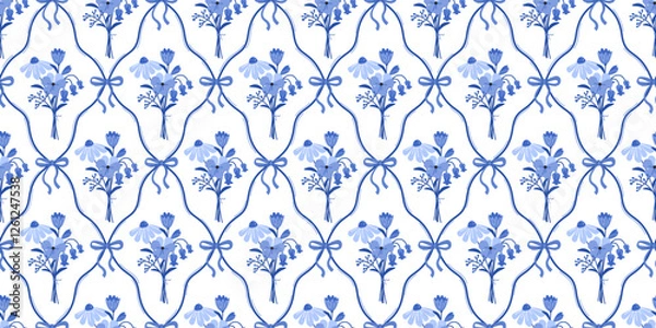 Fototapeta Blue Coquette Bows and Flowers. Floral damask seamless pattern for fabric, wallpaper, cover, wrapping paper. Botanical classic elegance print Vector isolated on white background