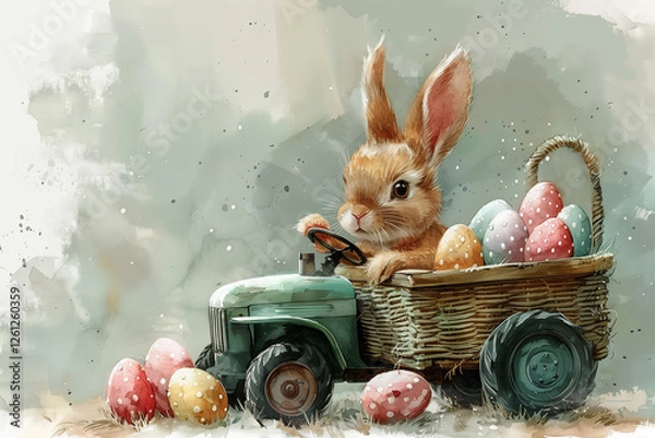 Fototapeta Easter bunny driving a miniature tractor with colorful eggs in a rustic basket