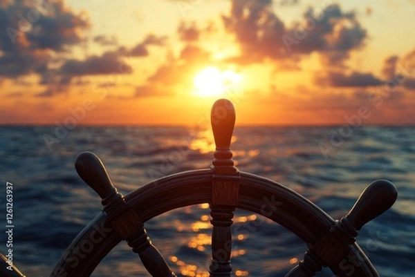 Obraz Sunset Voyage: A Ship's Wheel at Golden Hour