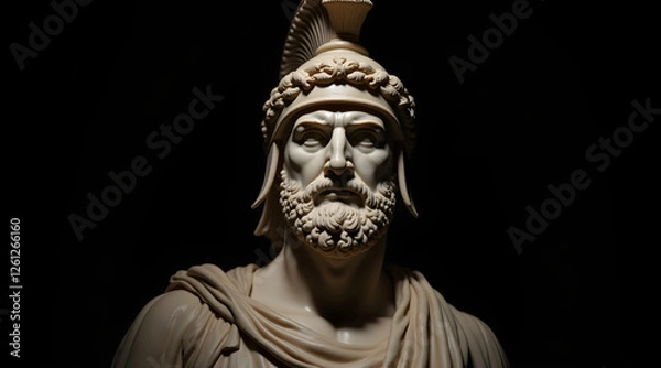 Obraz A powerful marble bust of Ares, the Greek god of war, radiating strength and intensity. His fierce gaze, warrior’s helmet, and detailed craftsmanship embody the essence of battle and conquest.