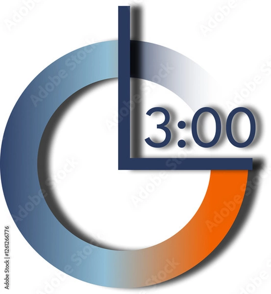 Fototapeta Analog and digital clock with dark blue number and orange and blue gradient base, showing 3 o'clock.