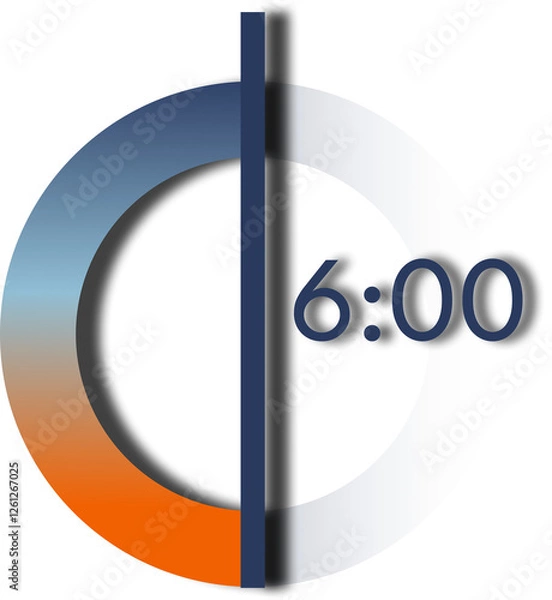 Fototapeta Analog and digital clock with dark blue number and orange and blue gradient base, showing 6 o'clock.