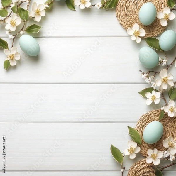 Obraz Pastel Eggs Blossoms and Woven Mats on White Wood