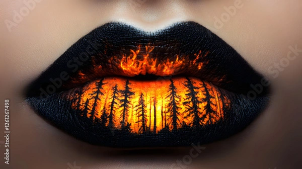 Obraz A close-up of lips with a forest fire painted on them, and the flames glow in dark tones
