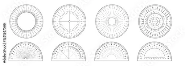 Obraz Protractor ruler set with 180 and 360-degree circular scales for precise angle measurement. protractor with ruler markings and degree coordinates, ideal for geometry and drafting