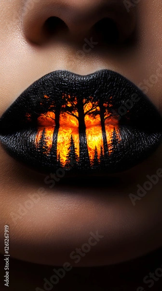 Obraz A close-up of lips with a forest fire painted on them, and the flames glow in dark tones
