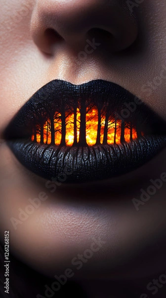 Obraz A close-up of lips with a forest fire painted on them, and the flames glow in dark tones
