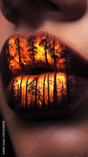 Obraz A close-up of lips with a forest fire painted on them, and the flames glow in dark tones
