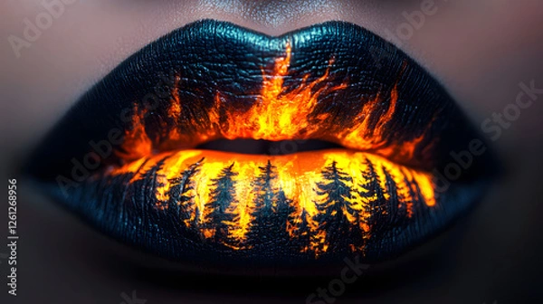 Obraz A close-up of lips with a forest fire painted on them, and the flames glow in dark tones
