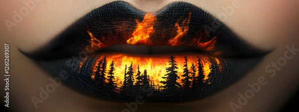 Obraz A close-up of lips with a forest fire painted on them, and the flames glow in dark tones
