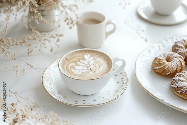 Fototapeta Xícara de café elegante com detalhes dourados, acompanhada de doces e decorações festivas em fundo branco, criada com IA generativa para um visual sofisticado e convidativo