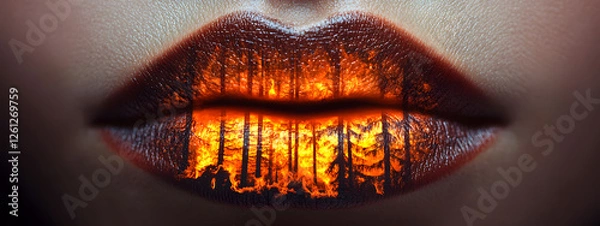 Obraz A close-up of lips with a forest fire painted on them, and the flames glow in dark tones
