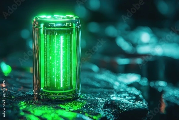 Obraz Futuristic rechargeable lithium-ion battery glowing in neon green, symbolizing high-capacity energy storage.