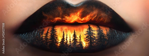 Obraz A close-up of lips with a forest fire painted on them, and the flames glow in dark tones
