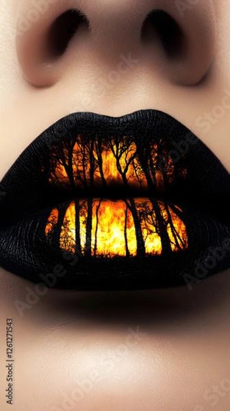 Obraz A close-up of lips with a forest fire painted on them, and the flames glow in dark tones
