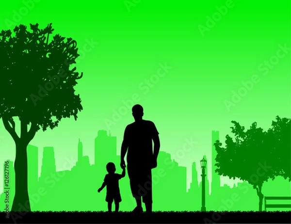 Fototapeta Father walking with his child in park, one in the series of similar images silhouette