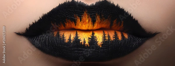 Obraz A close-up of lips with a forest fire painted on them, and the flames glow in dark tones
