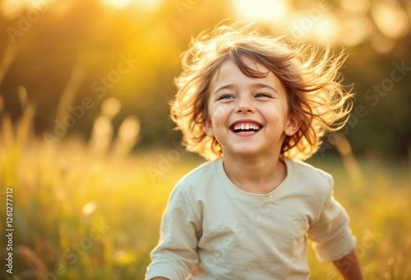 Fototapeta Happy child running and laughing in golden meadow at sunset