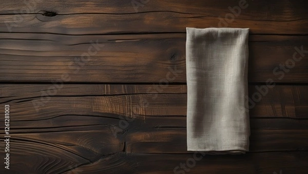 Fototapeta Beige Cloth Napkin on Dark Wooden Table – Minimalist Dining Setting