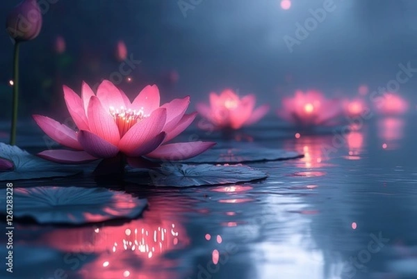 Fototapeta ethereal lotus pond at twilight glowing petals floating on mirrorlike water misty atmosphere with soft moonlight creating mystical reflections digital art style