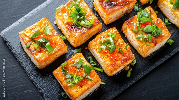 Fototapeta Stir-Fry Tofu with Vegetables on Black Slate Board, Top View of Asian-Inspired Plant-Based Dish, Vegetarian Teryaki Tofu.