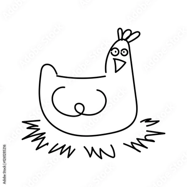 Fototapeta A line illustration of a hen sitting in a nest. Doodle chicken. Isolated on white