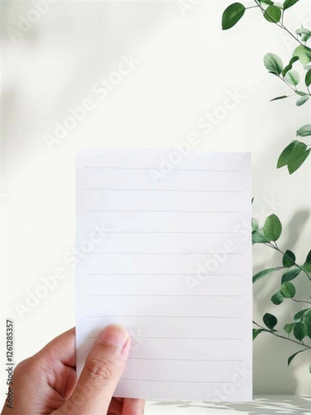 Obraz Hand holding a blank lined notepad against a white background with decorative green leaves, perfect for mockups, planning concepts, and minimalist stationery photography.