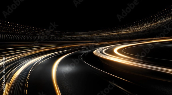 Fototapeta Night road curve, light trails, speed, motion blur, dark background, abstract design, website header