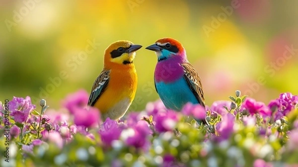 Fototapeta Colorful Birds Interact Among Vibrant Flowers in a Joyful Garden Setting During the Early Morning Light