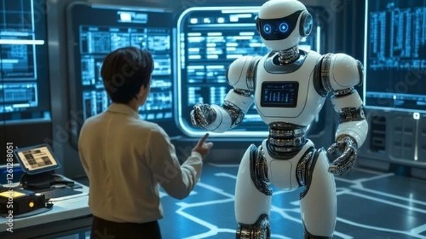 Fototapeta Human Interaction with Advanced Humanoid Robot in Futuristic Lab