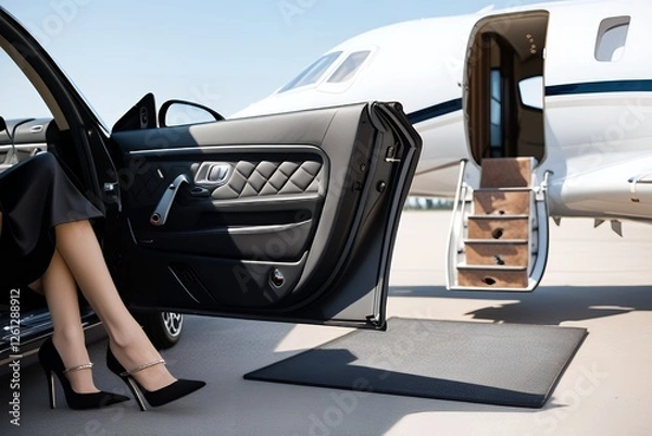 Fototapeta High-resolution horizontal photo of black luxury car with open door revealing quilted leather interior and woman in heels, with private jet on tarmac under blue sky symbolizing wealth and elegance

