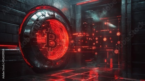 Fototapeta Old stone bank vault with cryptographic security floating above