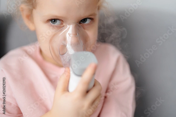 Fototapeta Portrait of blond child in inhalation mask with portable inhalation device with eyes close-up and steam. Childhood lung health.