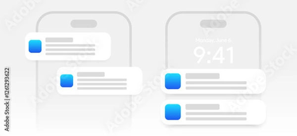Fototapeta Mobile push notification template. minimal iphone message alert mock-up. App notification pop-up interface. Mobile screen layout. User communication window. Chat text box bubble. Vector illustration