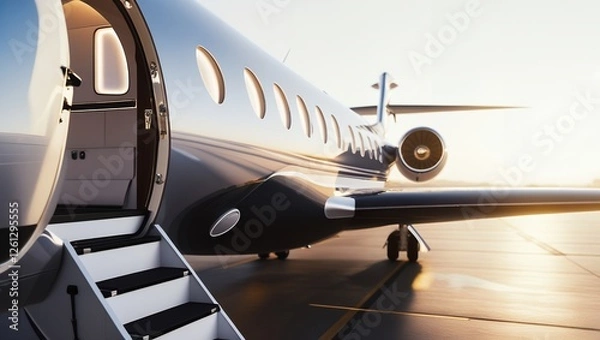 Fototapeta Sleek, Modern Private Jet on Airport Tarmac at Sunset, Reflecting Warm Hues with Polished Metallic Surface, Open Door, and Inviting Atmosphere – Luxury and Sophistication in the Air

