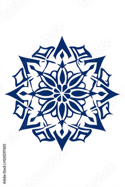 Fototapeta A symmetrical, stylized, navy blue floral or snowflake-like design against a white background.