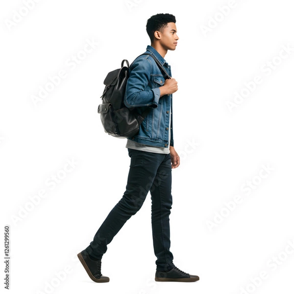 Fototapeta A confident young male commuter walks with a backpack, wearing casual attire, captured from the side, isolated on a clean white background for a modern feel, isolate white background
